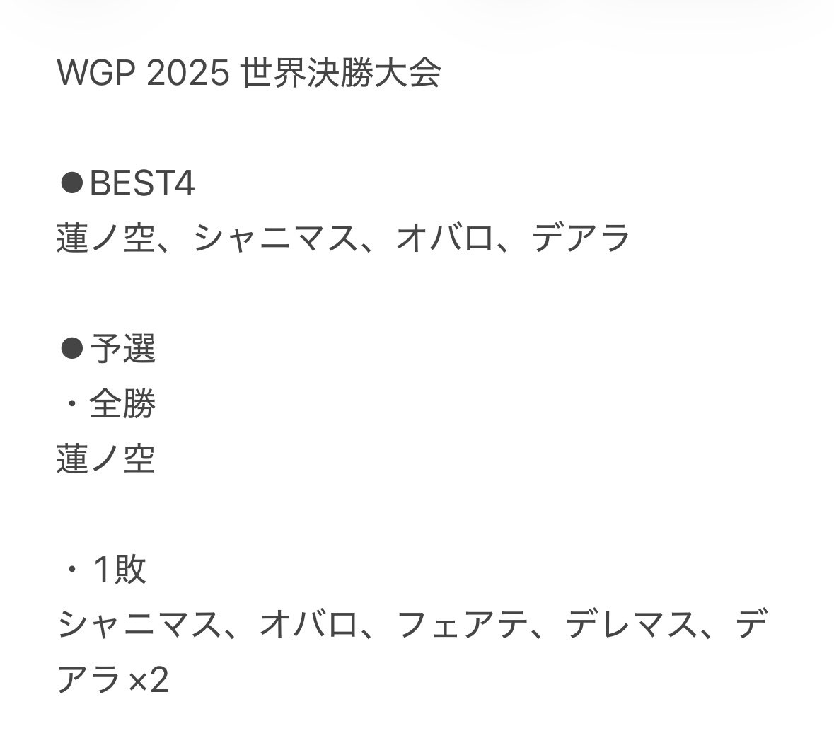 WGP2025 世界決勝大会

・使用タイトル一覧
・BEST4までのタイトル一覧

#WS  #蒼芝