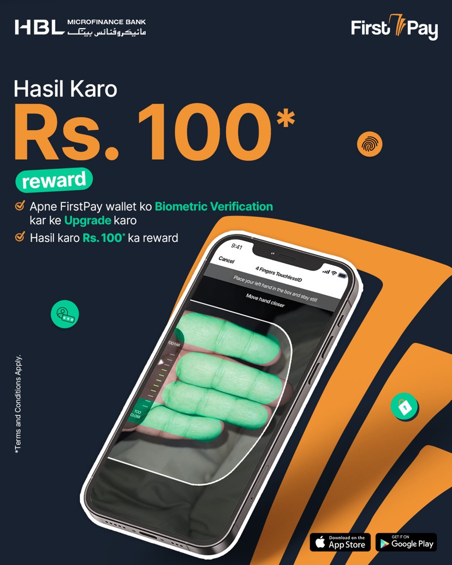 HBLMfBDigital's tweet photo. Enjoy Rs. 100* Reward!
Apna FirstPay wallet biometric verify karo, level 0 say level 1 per upgrade karo aur hasil karo Rs. 100 ka reward.
Download Now: https://t.co/lcgxn8G1FG
*Terms & Conditions Apply:
https://t.co/ShxXKZ6O1c
#FirstPay #DigitalWallet #OnlinePayments #HBLMfB https://t.co/UfEX2t6swm