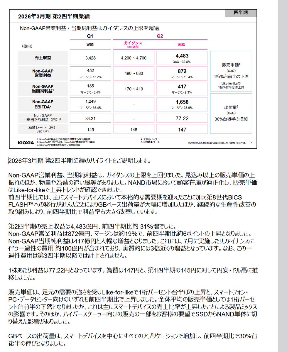 melone3710's tweet photo. ＝＝＝忙しい人向け＝＝＝
キオクシア決算向けに予想EPSを概算しました！
※SNDK決算からセグメント分解＋成長率を単純割り当て
※財務など各種微補正は追って追記予定

結論から言うと以下の通りで株価は「妥当」判定
■■■■■■■■■■■■■■■■■■■■■■
Q3の予想　EPS:221��
Q4ガイダンス　EPS: 536円■■■■■■■■■■■■■■■■■■■■■■

■適正株価TP　現在株価 21,360円
PER 9倍（割安・保守）2,144×9= 19296円
PER 10倍 (妥当): 2,144×10= 21,440円
PER 13.5倍 (AI相場で適正）: 2,144×13.5= 28,944円
PER 15倍 (スーパーサイクル見込み): 2,144×15= 32,160円
■■■■■■■■■■■■■■■■■■■■■■
※要注意！！！
日本企業なのでガイダンス保守で出してくる可能性大

計算詳細
＝＝＝＝＝＝＝＝＝＝＝＝＝＝＝＝＝＝
【Q3実績予測】
＝＝＝＝＝＝＝＝＝＝＝＝＝＝＝＝＝＝
①SNDKの10－12月実績
🏢Data Center (AI/サーバー): QoQ +64%（高い伸び
比率14.5%
📱💻Edge (スマホ/PC): QoQ +21%
比率55.5%
👨Consumer (市販): QoQ +39%
比率30%
＝＝＝＝＝＝＝＝＝＝＝＝＝＝＝＝＝＝
②キオクQ2資料からSNDK対応セグ比率分解・売上推定
→SNDK成長率��あてはめ
・SSD＋ストレージ
🏢AI向け（6割）: 比率32.7%　1468億円 　　＋64%　　　　　　　
💻PC向け:(4割):21.8%　978億円             ＋21%　
📱スマホ向け (同):35.1%　　   1573億円　　　＋21%　　　　　
👨市販:10.4%                  　465億円　　　　       +39%

～～～～～～重要～～～～～～
サンディスク・キオクシア決算書からわかるセグメント比率のポイント
💰SNDKで爆発したAI向け比率がより高い
AI向け：PCの比率が前々回決算5強：5弱→6：4に
📱長期契約で縛られがちなスマホ向けは割合35%だが、SNDK（Edge 55%）に比べるとPC比率が分散されている
～～～～～～～～～～～～～～～～～～～～～～～～
全てをSNDKの成長率に合わせ計算
🏢AI向け（6割）: 1468億円 × 1.64 (+64%) = 2408億円
💻PC向け:(4割)978億円 × 1.21 (+21%) = 1183億円
📱スマホ向け (同): 1573億円 × 1.21 (+21%) = 1903億円
👨市販: 465億円 × 1.39 (+39%) = 646億円
合計
【SNDK成長率を当てはめた単純計算���次回売上推定】

■■■■■■■■■■■■■■■■■■■■■■
Q2実績4483億円→Q3予想6,140億円（QoQ成長率+37%）
■■■■■■■■■■■■■■■■■■■■■■
＝＝＝＝＝＝＝＝＝＝＝＝＝＝＝＝＝＝＝＝＝＝＝
③利益の補正・レバレッジ再調整
Q2時点で営業利益872億円　利益率19.4%
ここからの増収分（+1,657億円）は、単価上昇効果により限界利益率が極めて高い。
💰増収額: 6,140−4,483= +1,657億円
限界利益率を60% と設定（SNDKの粗利改善から）
追加利益: 1,657×0.6= 994億円と仮定

Q3 営業利益の概算:
872億円(Q2)+994億円(追加)= 1,866億円
営業利益率:30%（SNDKは37%）
純利益: (1,866−150)×0.7= 1,201億円　
■■■■■■■■■■■■■■■■■■■■■■
Q3 EPS予想: 1,201億円÷5.44億株= 221円
■■■■■■■■■■■■■■■■■■■■■■

＝＝＝ここから本番Q4のガイダンス予測＝＝＝
①SNDKガイダンス+52%=次回各セグ推定成長率※概算
🏢Data Center (AI): +100%　割合14.5% 
📱💻Edge (スマホ/PC): +46%   55.5%
👨市販: +40%    30%
(0.145×2.00)+(0.300×1.40)+(0.555×1.46)=0.290+0.420+0.8103=1.5203(≒+52%)
と仮定

②キオクシアの各セグメント割合でSNDKの成長率をそのまま売上に反映した場合
��AI向け　2,408億円+100%　　4,816億円
💻PC向け　1,183億円+46%　　1,727億円
📱スマホ向け　1,903億円+46%　　2,778億円
👨市販　　　646億円+40%　　　904億円
売上　6,140億円+66.5%　1兆0,225億円

※成長率+100%のAI向け構成比がキオクシアの方が高い（約39% vs 14.5%）ため、そのまま当てはめると成長性がSNDKより高くなる可能性あり（+66%SNDK+52%
ただし経営次第

■■■■■■■■■■■■■■■■■■■■■■
Q4予想　6140億円→1兆225億円（QoQ成長率+66.5%）
■■■■■■■■■■■■■■■■■■■■■■

③利益の補正・レバレッジ再調整
増収額: 10,225−6,140= +4,085億円
限界利益率を60% （増えた分がそのまま利益
追加利益: 4,085×0.6= 2,451億円

Q4 営業利益の概算: 
1,866億円(Q3)+2,451億円(追加)= 4,317億円
営業利益率:42.2%
純利益: (4,317−150)×0.7= 2,917億円 
■■■■■■■■■■■■■■■■■■■■■■
 Q4 EPS予想: 2,917億円÷5.44億株= 536円 ■■■■■■■■■■■■■■■■■■■■■■ 
年率換算EPS: 536円×4= 2,144円

【まとめ】
■適正株価TP　現在株価 21,360円 
PER 10倍 (妥当): 2,144×10= 21,440円
↓今後はAIサイクル次第
・ポジ28年以降のKVキャッシュ需要増加、投資などが本格化する世界線だと、長期成長率が意識され、PER15倍は正当化され得る。
・ただし26年下期にNAND全体の価格の上昇率は低下するとの予測でもあり、その頃には過剰生産も懸念される。

＝＝＝＝＝＝＝要注意！！！！＝＝＝＝＝＝＝
Q4ガイダンスEPS2144は為替もあり日本企業らしく保守的に、大幅に低く出してくる可能性あり（1600とかもあり得る
あくまでSNDKのガイダンスを用いた現時点でのQ4予想となる事に注意
＝＝＝＝＝＝＝＝＝＝＝＝＝＝＝＝