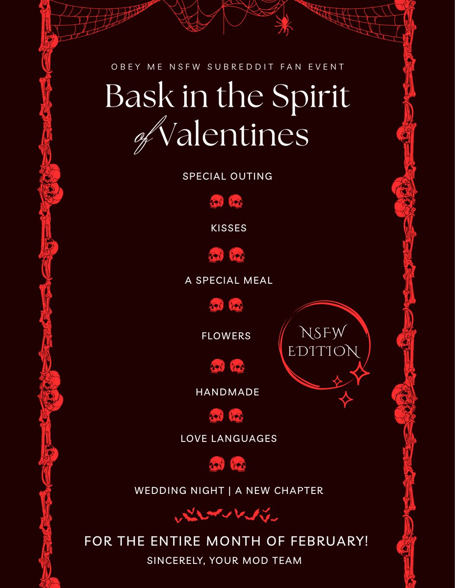 I made this for the Obey Me NSFW Subreddit, but feel free to join in with any of your socials! You can opt to use the tag #romvalentine2026 along with the regular fandom ones. There is also a sfw version.

#obeymensfw 👈 Be nice and tag your things so people can opt in to see it.