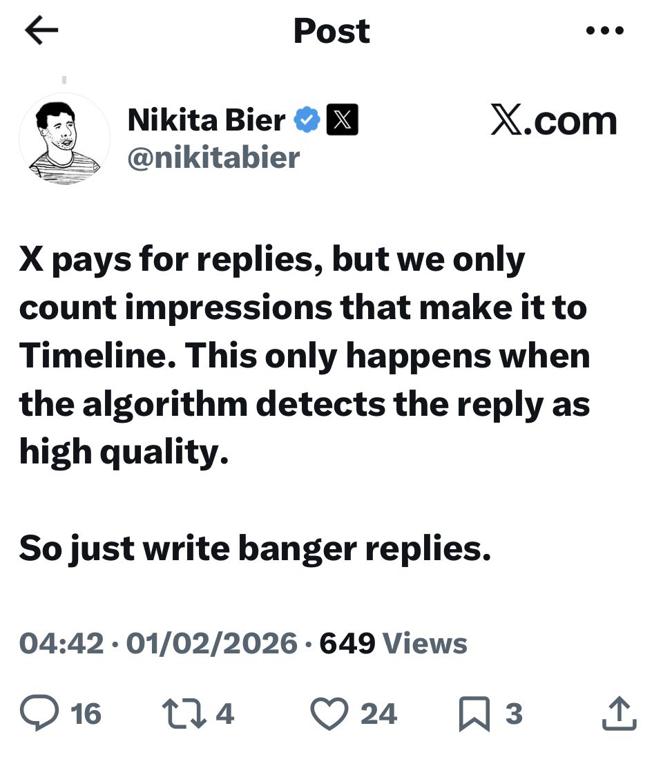 I just want to remind your timeline again: X pays for QUALITY REPLIES: the kind that actually slap and deserve to be seen.

I thought it was impressions?

See the hidden scope 👇

X rewards creators through revenue sharing when your content generates real value.

For replies