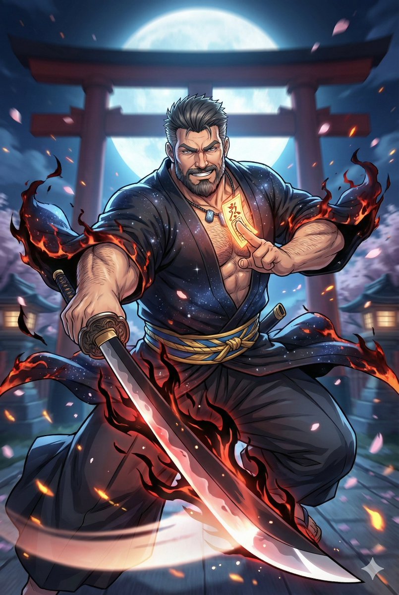 Under the crimson moon, a warrior's spirit burns eternal.🌸⚔️
讓人安心的守衛大叔。

#AIart #fantasyart #Samurai