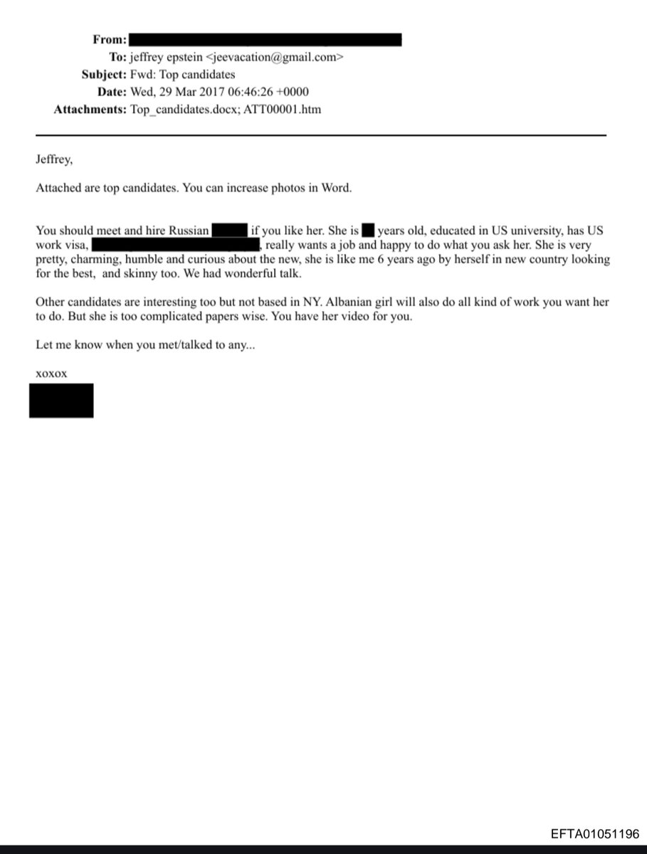 JB5294's tweet image. Here is a clear case how the justice department are covering for crimes. Why are they masking the person who were finding new girls for Epstein 2017?! An Albanian girl was willing to do any work for Epstein