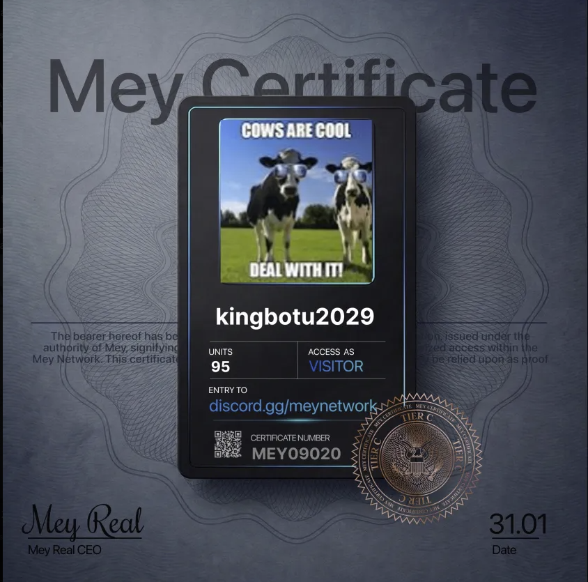 Claimed my **MEY Certificate**.

Unlocked my Visitor role inside MEY's Discord HQ.
Tier C • Units Allocated: 95 Units
Which tier did you get?

@mey_network → discord.gg/meynetwork