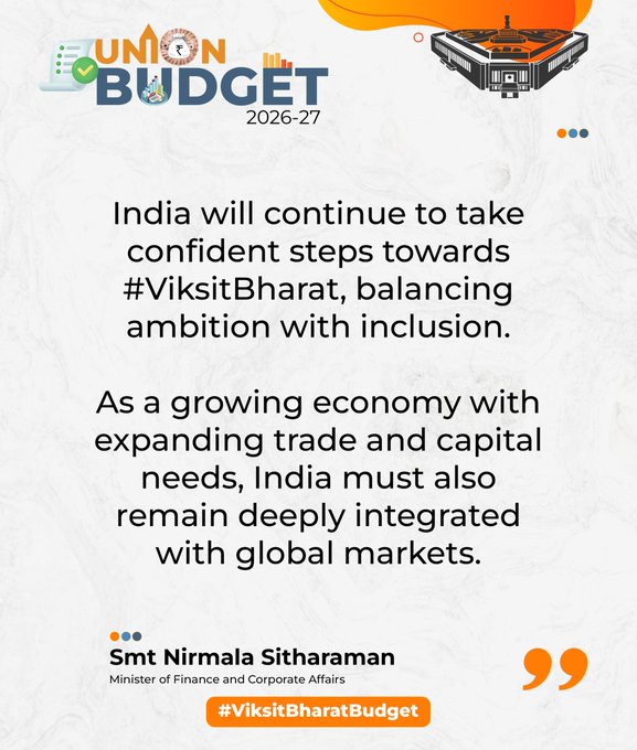 BJP4Bengal's tweet photo. India will continue to take confident steps towards #ViksitBharat, balancing ambition with inclusion. 

As a growing economy with expanding trade and capital needs, India must also remain deeply integrated with global markets.

- FM Smt. @nsitharaman
 
#ViksitBharatBudget https://t.co/J2qhEK0BwS