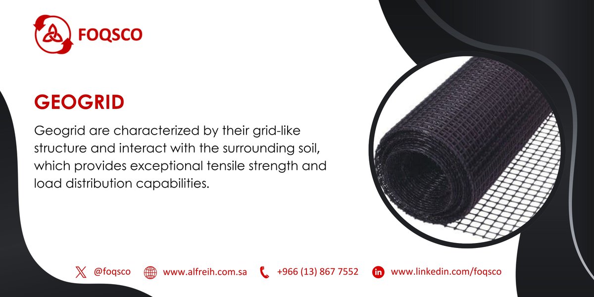 foqsco's tweet photo. Geogrid
Geogrid are characterized by their grid-like structure and interact with the surrounding soil, which provides exceptional tensile strength and load distribution capabilities.
#FOQSCO #GEOGRID #Geosynthetics https://t.co/ljQFFM35Px