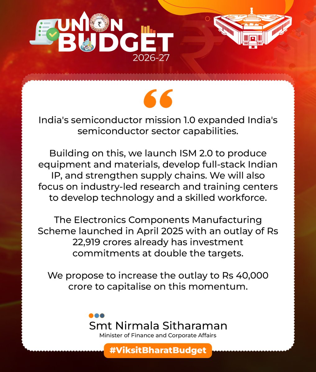 India's semiconductor mission 1.0 expanded India's semiconductor sector capabilities. 

Building on this, we launch ISM 2.0 to produce equipment and materials, develop full-stack Indian IP, and strengthen supply chains. We will also focus on industry-led research and training
