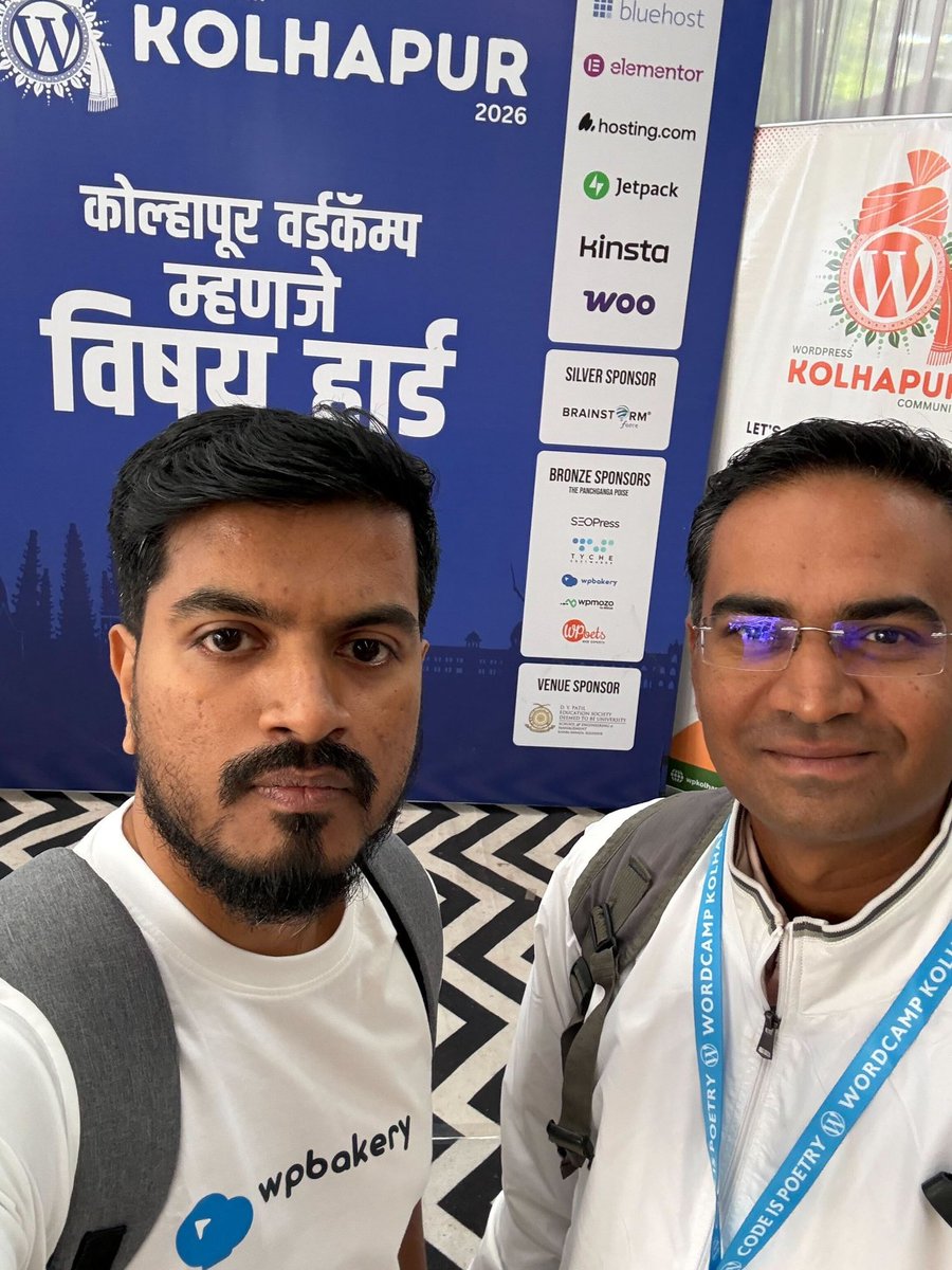 wpbakery's tweet photo. WordCamps are the place for meeting with long time users, just like Rohan meeting Swapnil Bhosale, web developer from Goa 💙
#WCKolhapur #WCKolhapur2026 https://t.co/xvsadY6T6z