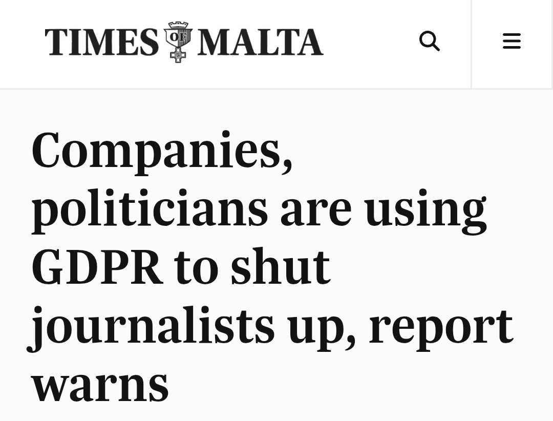 SouveraineTech's tweet image. 💥Les entreprises, les entrepreneurs et les responsables politiques s'appuient de plus en plus sur le #RGPD pour contraindre les journalistes à renoncer à toute couverture critique à leur égard, met en garde un nouveau rapport. 

timesofmalta.com/article/compan…