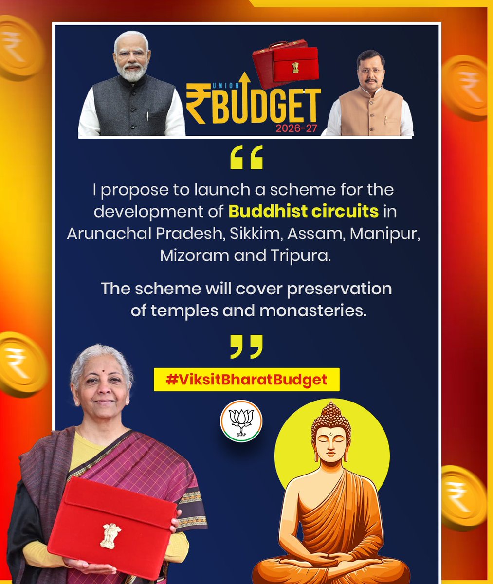 BJPSTMORCHA's tweet photo. I propose to launch a scheme for the development of Buddhist circuits in Arunachal Pradesh, Sikkim, Assam, Manipur, Mizoram and Tripura.

The scheme will cover preservation of temples and monasteries.

-FM Smt. @nsitharaman Ji

#ViksitBharatBudget https://t.co/rCD9iJFfYm