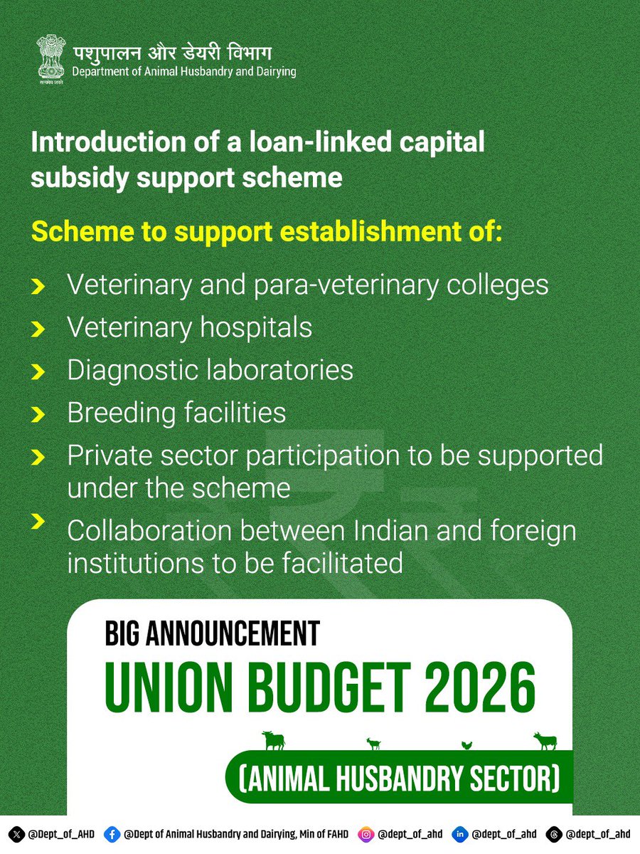 💼 Union Finance Minister Nirmala Sitharaman Announces Major Boost for Animal Husbandry

During the Union Budget 2026-27 presentation in Parliament, Finance Minister Nirmala Sitharaman highlighted that, To scale up the availability of veterinary professionals by more than 20,000,
