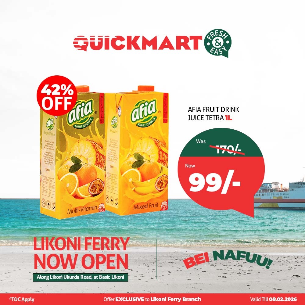Everlynyn254's tweet image. Finding 1L juice for under 100 shillings is rare but Quickmart Likoni Ferry has made it possible with Afia Fruit Drinks. The 99 shilling price is a limited time offer that highlights the store's commitment to value. #QuickmartLikoniFerry #FreshAndEasy