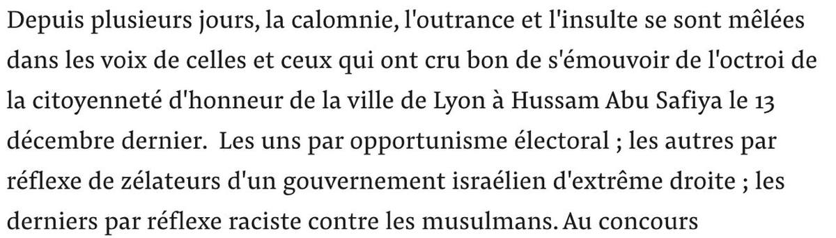sdblepas's tweet photo. Dans une tribune publiée sur Mediapart, le maire sortant de Lyon, Grégory Doucet, revient sur l’attribution de cette citoyenneté d’honneur. 
Après tous les signalements qu’il a reçus, et malgré la très forte probabilité que Hussam Abu Safiya soit un membre du Hamas, le maire de Lyon maintient cette distinction et n’hésite pas à insulter tous ses détracteurs.

C’est dit : si vous êtes contre ce prix, vous êtes soit opportuniste, soit d’extrême droite, soit - bien sûr - raciste envers les musulmans, aka islamophobe.

Grégory Doucet sait parfaitement ce qu’il fait. 
À deux mois des élections municipales, l’étiquette d’« islamophobe », qui a déjà tué maintes fois en France, est une manœuvre habile.

Alors, si Grégory Doucet persiste, je vais m’entêter.

Voici une photo de Hussam Abu Safiya, facilement trouvable sur Internet. 
Sur cette photo, vous voyez le nouveau citoyen d’honneur de @villedelyon  en uniforme d’officier de haut gradé (2 étoiles et un aigle, soit un colonel) du Hamas.

Hussam Abu Safiya est un terroriste. Il fait partie de cette organisation terroriste qui a perpétré les pogroms du 7 octobre. Il a pris part au kidnapping de citoyens français. Il a pris part au meurtre de 51 citoyens français.

Monsieur le Maire, vous auriez pu - même si cette explication n’aurait convaincu personne - parler d’erreur. Vous avez décidé d’assumer.

Alors vous devez assumer jusqu’au bout.

Vous faites l’apologie d’un terroriste et d’un ennemi de la France.

PS: excellent travail de @NGOmonitor et @vincent_chebat