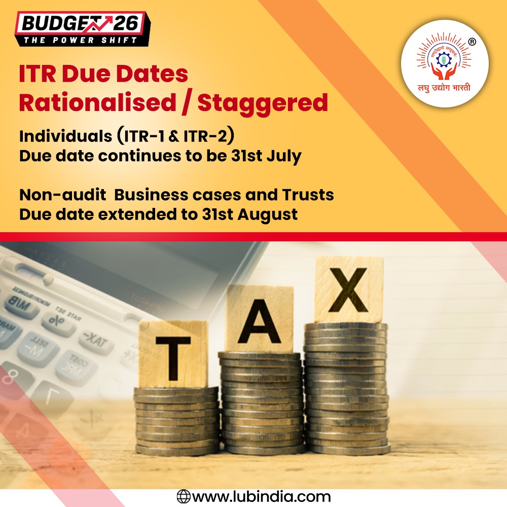 lubindia's tweet image. 📅 ITR Due Dates Rationalised / Staggered in Budget 2026 💼
✅ Individuals (ITR-1 &amp;amp; ITR-2): Due date remains 31st July
✅ Non-audit Business Cases &amp;amp; Trusts: Due date extended to 31st August
Stay ahead and plan your filings accordingly! 📊
#ITR #TaxFiling #DueDates #Budget2026
