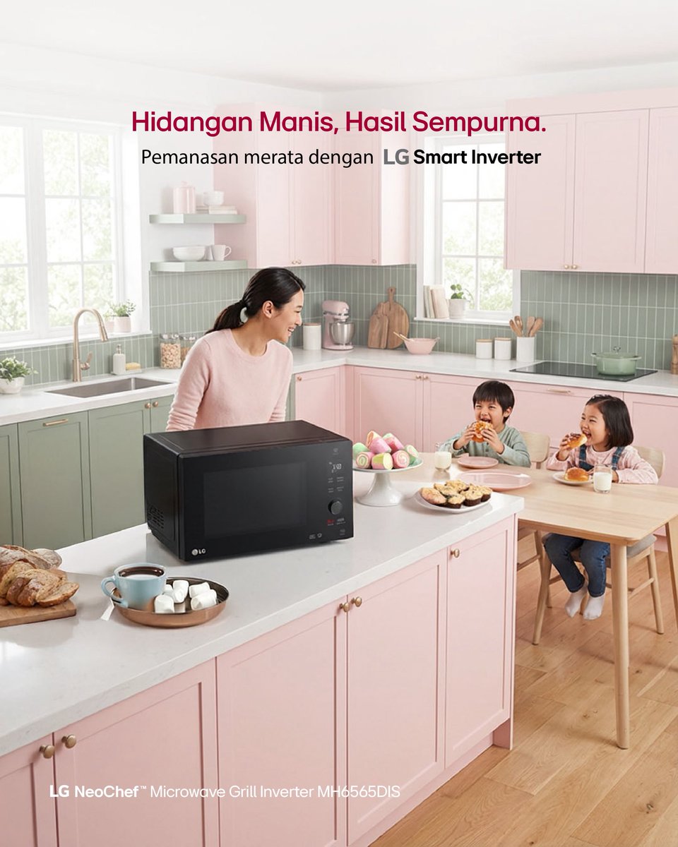 Kreasikan hidangan penutup favorit keluarga dengan lebih cepat dan praktis.

LG NeoChef™️ Microwave Grill Inverter menghadirkan pemanasan yang lebih merata berkat teknologi LG Smart Inverter, membantu menjaga tekstur dan rasa hidangan tetap optimal. Proses memasak pun menjadi