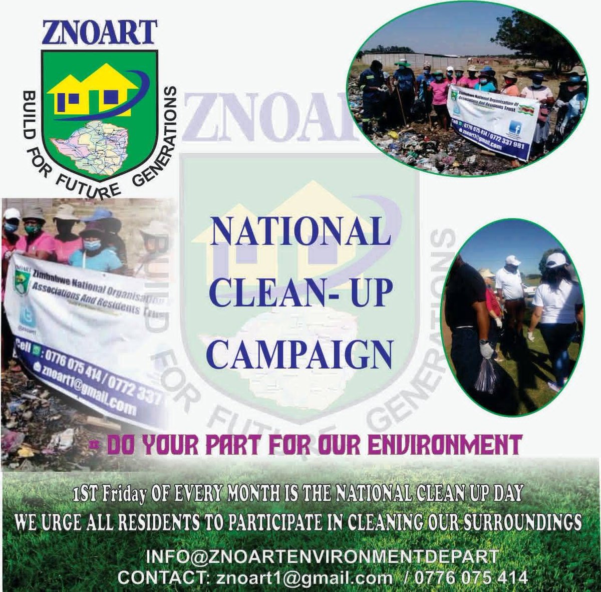 ZNOART1's tweet photo. "Let's clean up Zimbabwe!  Join ZNOART &amp; EMA this Friday, Feb 6, for the National Clean-Up Campaign!  Clean homes, workplaces &amp; communities. Mandatory for all stakeholders. App/0776075414, #CleanUpZimbabwe 
@EMAeep.
@ShalvarChikomba
@MoLGPWZim
@edmnangagwa
@TMuguti
@basera_john https://t.co/z8TLrTJ3Mt