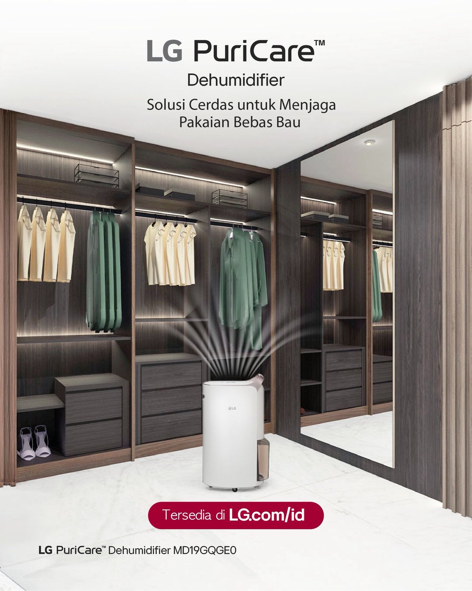 Pakaian yang tersimpan rapi tetap membutuhkan lingkungan yang tepat agar kualitasnya terjaga.

Kelembapan berlebih di dalam lemari dapat memicu bau apek dan merusak bahan pakaian tanpa disadari. LG PuriCare Dehumidifier hadir sebagai solusi cerdas untuk mengontrol kelembapan