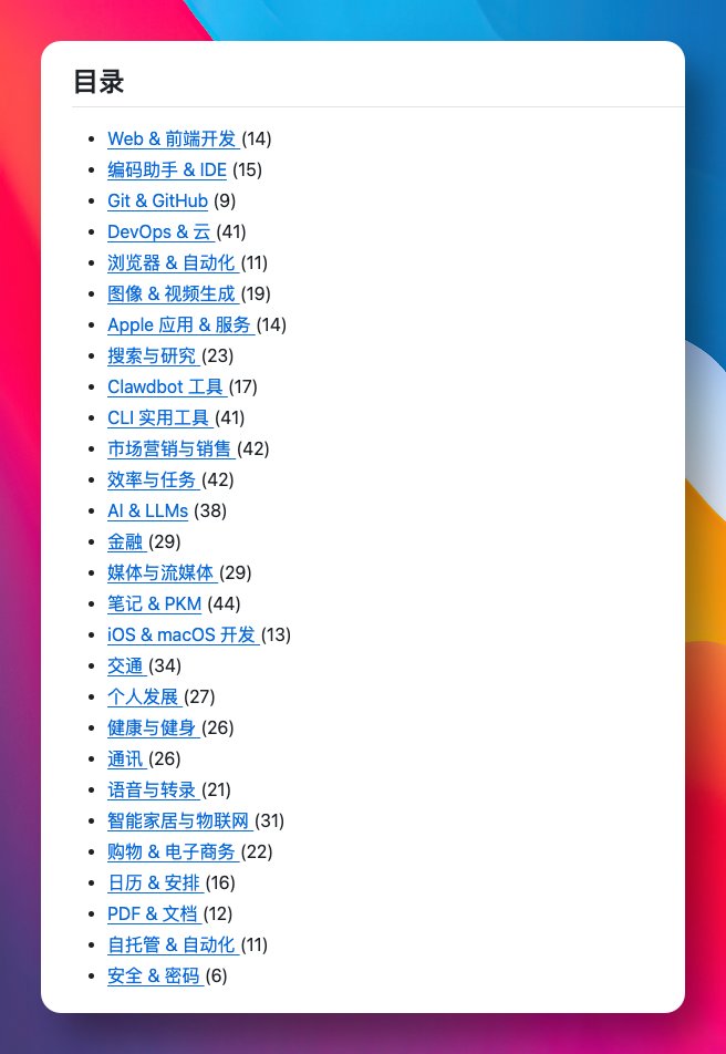 GitHub 上有一份精心整理了最近爆火的 OpenClaw 技能合集，已收录了 700+ 个实用命令插件。

只需要在终端执行一条指令，就能像用 apt 或 brew 一样，快速安装和管理各种第三方插件与 Agent。

GitHub：github.com/VoltAgent/awes…