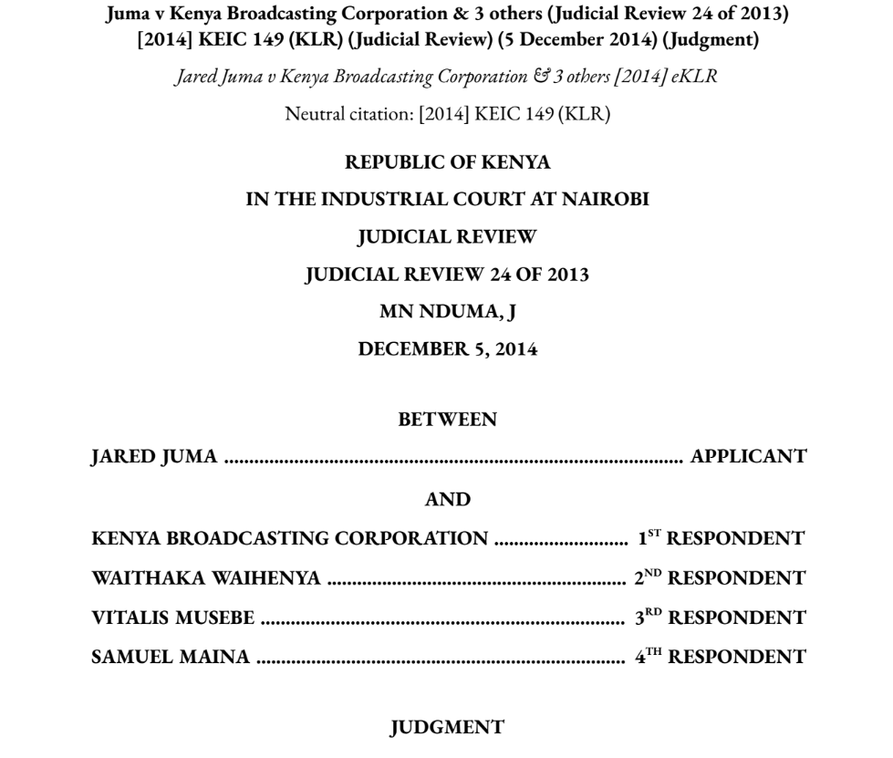 🔴🚨GROUNDBREAKING DECISION: EVER BEEN LOCKED OUT OF A JOB APPLICATION BECAUSE OF YOUR AGE? THE COURT CALLED IT ILLEGAL.

In Jared Juma v Kenya Broadcasting Corporation &amp; Others [2014] KEIC 149, the Industrial Court confronted a recruitment practice many Kenyans quietly accept as