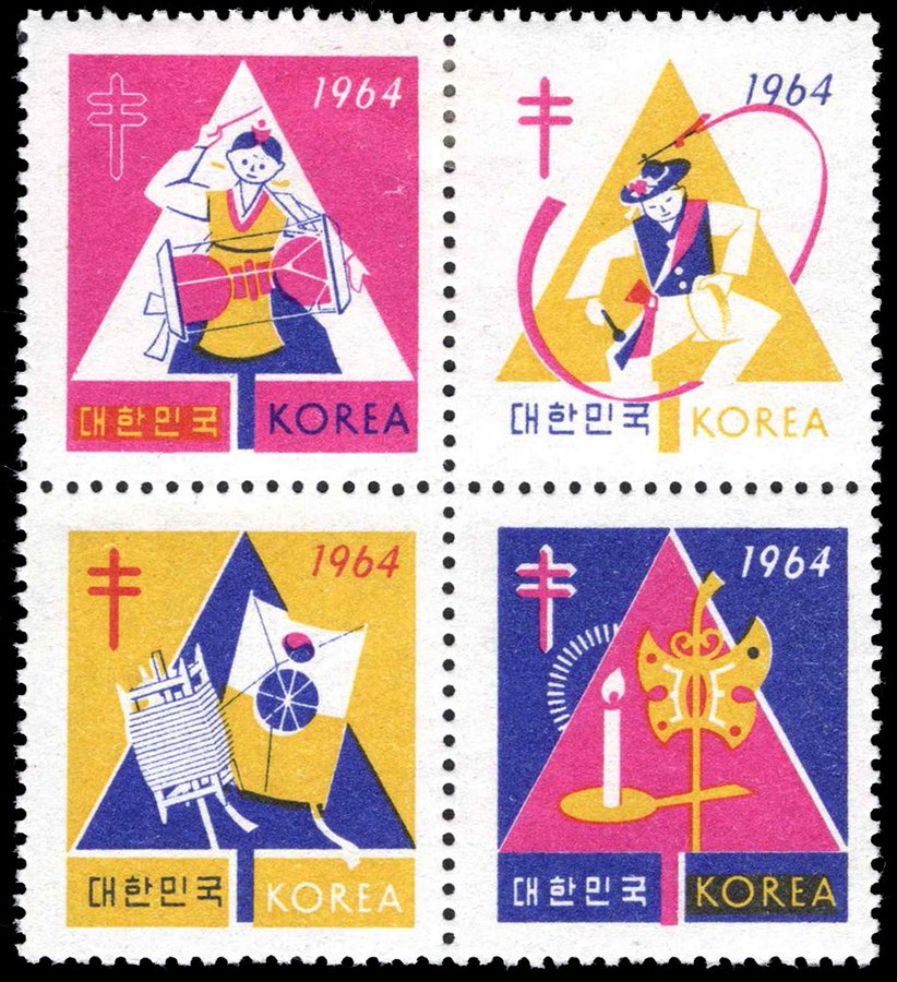 In 1964 the Korean National Tuberculosis Association (KNTA), following 1961-1963’s examples, would again introduce multiple seals with four different designs in the Christmas and New Year/TB seal series.