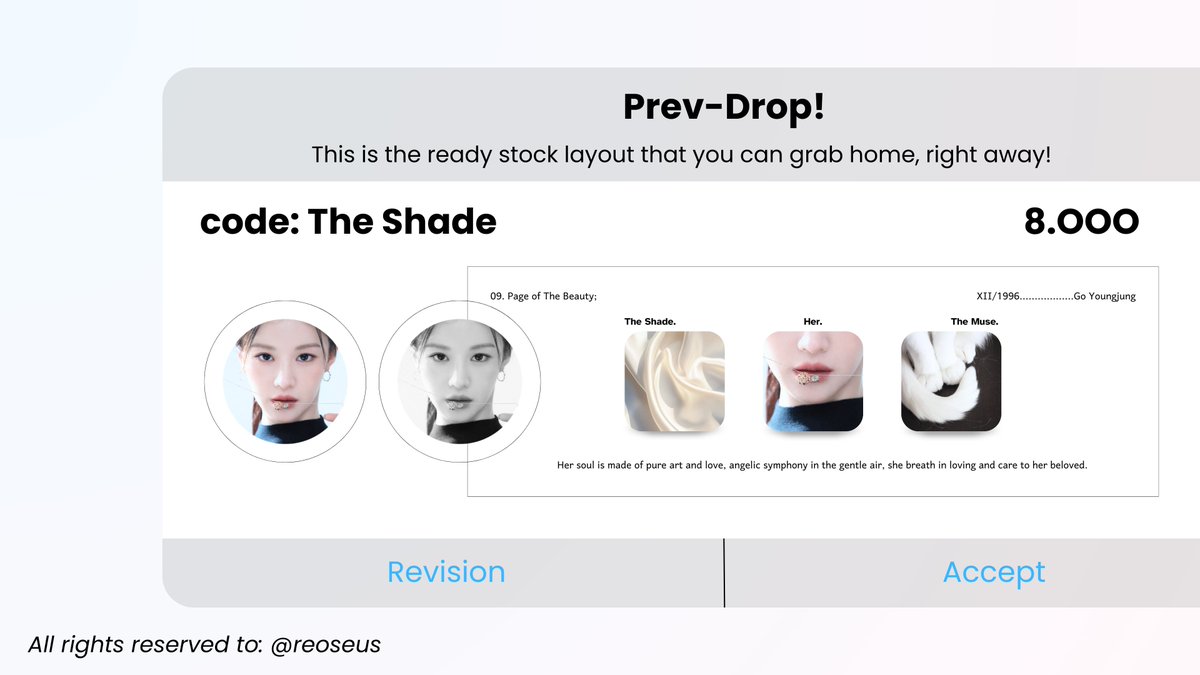 reoseus's tweet image. help repost, thankie! ♥︎ #zonauang

i have ready stock of 4 layout in code: The Shade and The Art, with muse: Go Younjung! send the text and pick 'em thru my dm, @ me after dm! or slide to my telegram! thank you. ♥︎