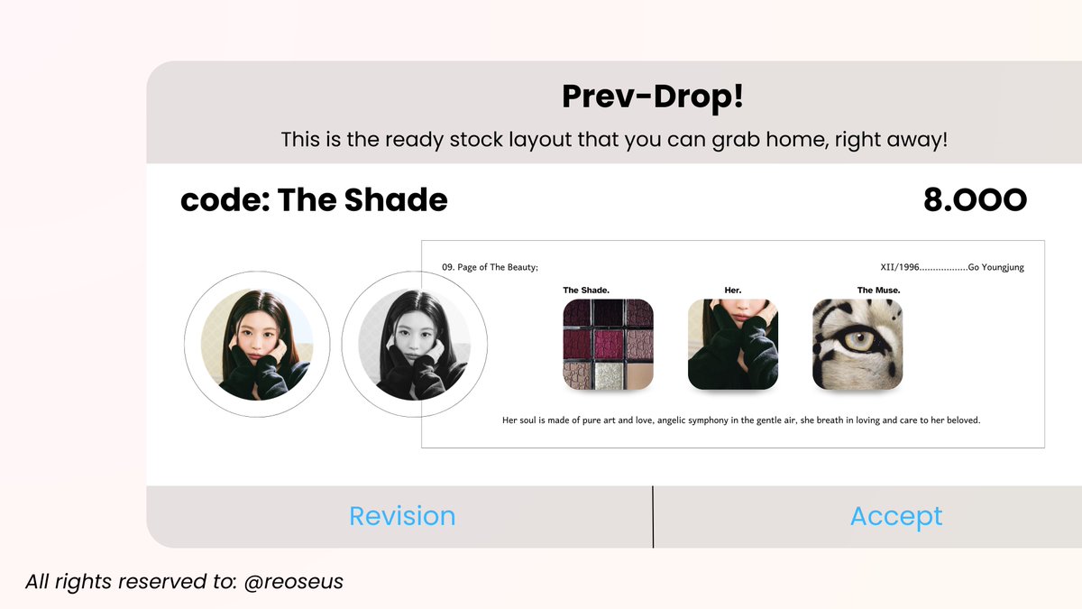 reoseus's tweet image. help repost, thankie! ♥︎ #zonauang

i have ready stock of 4 layout in code: The Shade and The Art, with muse: Go Younjung! send the text and pick 'em thru my dm, @ me after dm! or slide to my telegram! thank you. ♥︎