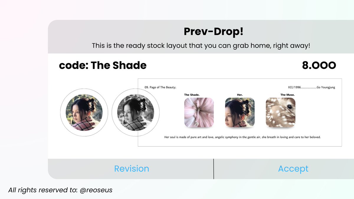 reoseus's tweet image. help repost, thankie! ♥︎ #zonauang

i have ready stock of 4 layout in code: The Shade and The Art, with muse: Go Younjung! send the text and pick 'em thru my dm, @ me after dm! or slide to my telegram! thank you. ♥︎