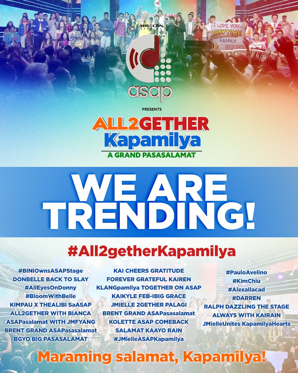 WE ARE TRENDING #1! ✨

We are beyond grateful sa inyong pagmamahal at walang sawang suporta dahil tayo ay ALL2GETHER KAPAMILYA! ♥️💚❤️🧡

We will always be in the service of the Filipino! Maraming salamat, Kapamilya!

#All2getherKapamilya