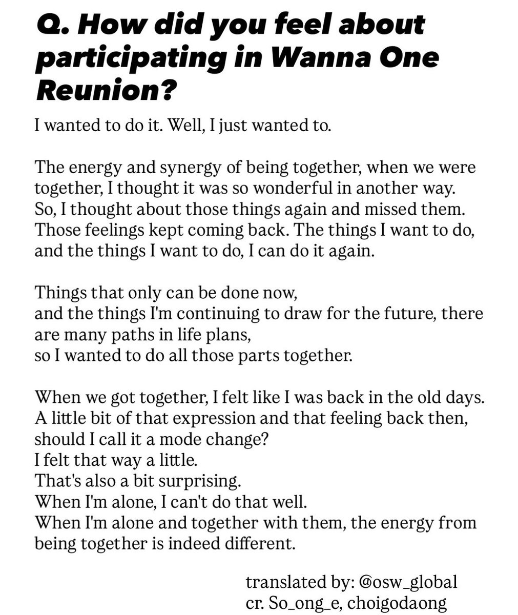 OSW_GLOBAL's tweet photo. [VIDEO] 260201

#ONGSEONGWU talking about his feelings and the reason he decided to join #WannaOne Reunion.

"I wanted to do it. I miss the energy when we were together, it was so wonderful. When we were together, I felt a mode change, that I can't do it when i'm alone." #옹성우 https://t.co/gG7lEMmGDv