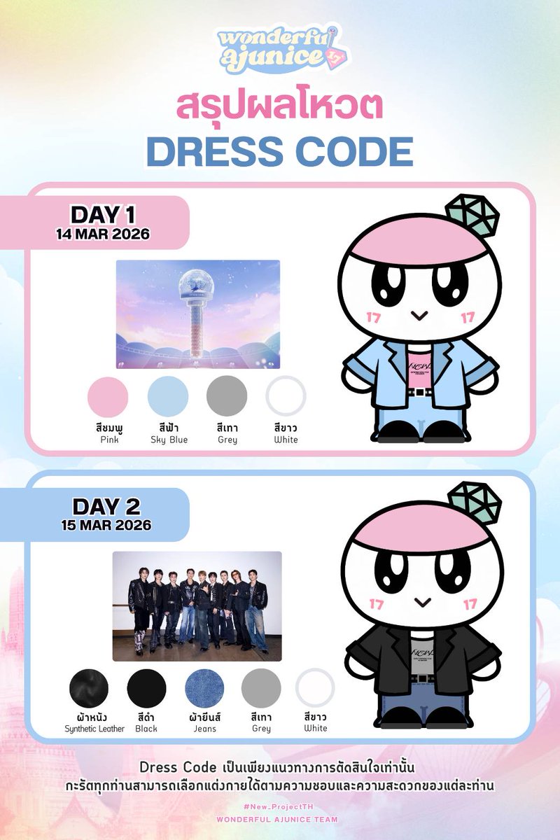 AJU_WONDERFUL17's tweet photo. 🎊สรุปผลโหวต Dress Code 🎊

คอนเสิร์ต #NEW_BANGKOK
DAY 1⃣ | 14 มีนาคม 2569
🩷 🩵 🩶 🤍
DAY 2⃣ | 15 มีนาคม 2569
🖤 🩵 🩶 🤍

ขออนุญาตแก้ไขจากโพสก่อนหน้าดังนี้ค่ะ🙇🏻‍♀️

* เนื่องจากผลโหวต Dress Code ในวันที่ 1 และ วันที่ 2 มีผลโหวตที่ชนะเป็นสีเดียวกัน ทางทีมโปรเจกต์จึงขออนุญาตกำหนด สีที่มีคะแนนเป็นลำดับที่ 2 ของวันที่ 2 เป็นสี Dress code ของวันที่ 2 แทนเนื่องจากเป็นสีมีความสอดคล้องกับแบนเนอร์ และเพื่อให้กะรัตได้มีตัวเลือกในการแต่งตัวเพิ่มมากขึ้นค่ะ✨

** Dress Code เป็นเพียงแนวทางในการช่วยตัดสินใจ กะรัตสามารถเลือกแต่งกายได้ตามเหมาะสม
#SEVENTEEN 
#New_ProjectTH
#NEW_BANGKOK 
#SVT_TOUR_NEW_