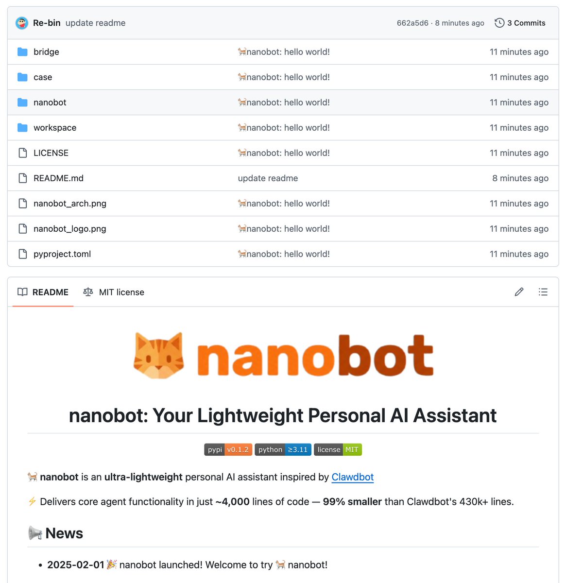 xubinrencs's tweet image. I loved 🦞OpenClaw's vision — a personal AI assistant that actually does things, not just chats. But over 400k lines of code? I got lost trying to customize it. Couldn't understand what was happening. Gave up twice.

So I rewrote the core from scratch: 🐈nanobot
around 4,000…