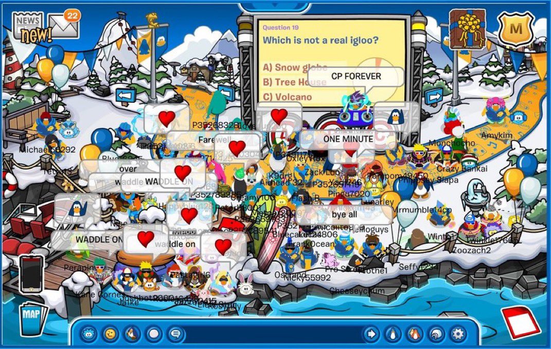 ThatPenguinGame's tweet photo. 9 years ago today, the Waddle On Party started. The final Party on the island of Club Penguin. Penguins could test their knowledge with game trivia, fill out a memories page, and finally tip an Iceberg. https://t.co/mYvBtF9M26