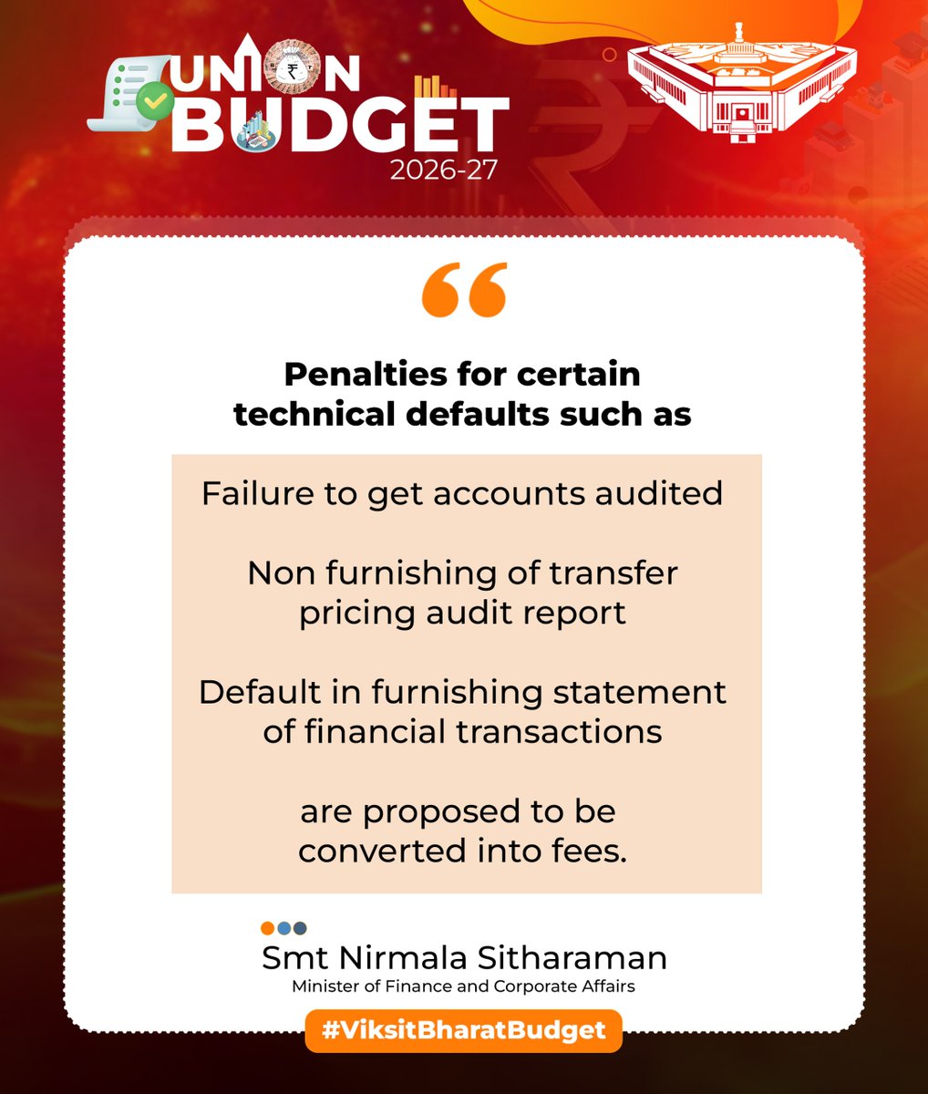 Penalties for certain technical defaults such as:

• Failure to get accounts audited
• Non furnishing of transfer pricing audit report
• Default in furnishing statement of financial transactions

are proposed to be converted into fees.

- FM Smt. <a href="/nsitharaman/">Nirmala Sitharaman</a> Ji