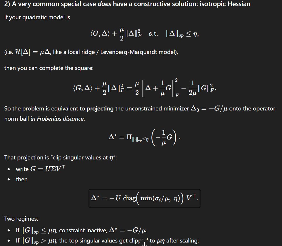 Today, I learned from GPT-5.2 that spectral clipping can be seen as replacing the linearized loss assumption in Muon by a local quadratic model with isotropic Hessian instead