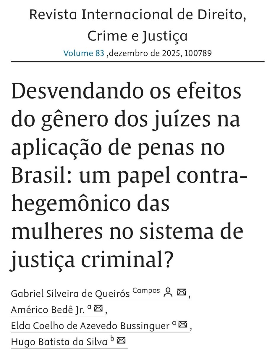 "Os resultados revelam que os juízes do sexo masculino impõem sentenças significativamente mais longas do que as juízas em casos de tráfico de drogas, com uma diferença média de 133 dias, mesmo após o controle de variáveis legalmente relevantes".

Quem quiser ler esse paper, vale