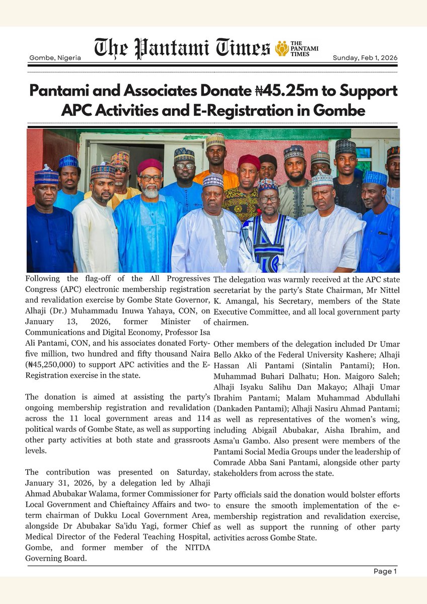 Matawale2025's tweet photo. #Breaking: 

@ProfIsaPantami and Associates Donate ₦45.25m to Support APC Activities and E-Registration in Gombe

#TPT https://t.co/1ped3QdSIx
