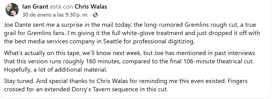 Joe Dante is an absolute legend and this proves it, looks like the 160 minutes rough cut of GREMLINS will leak soon, I wish more directors were like this, films were made to be seen!!