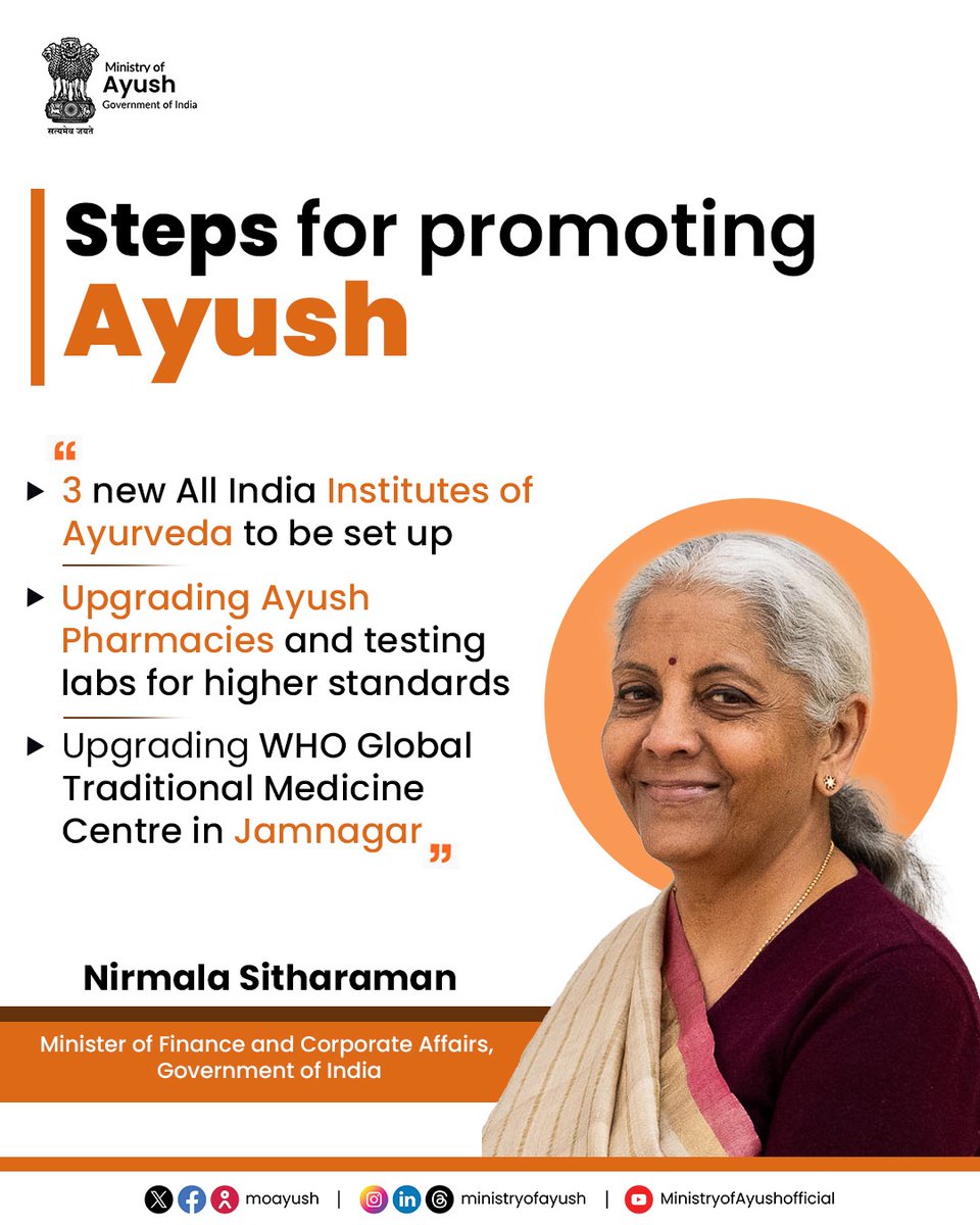 moayush's tweet photo. Finance Minister @nsitharaman emphasised a renewed commitment to strengthening #Ayurveda by expanding national institutes, modernising #Ayush #infrastructure, &amp; raising global standards for traditional medicine through upgraded facilities.

#Budget2026 #ViksitBharatBudget https://t.co/HWszJdChch