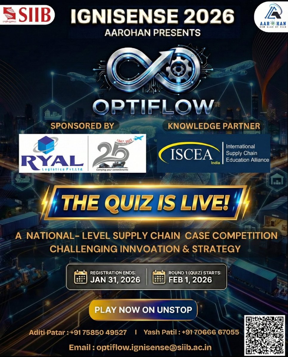 aarohan_siib's tweet photo. The wait is over! 🏁 Optiflow 2026 Round 1 is officially LIVE!
Test your supply chain strategy and innovation in this national-level challenge. Head over to Unstop to start the quiz before Feb 2nd. 
Show us what you’ve got! 
#Optiflow #Ignisense #SupplyChain #Innovation #QuizLive https://t.co/wZmZslhSNW