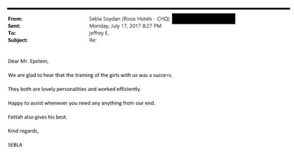 Bence Epstein dosyasında en önemli belgelerden biri bu.

Antalya Rixos otelden Sebla Soydan, Epstein’e yazıyor: 

“Sayın Epstein, Kızların bizimle olan eğitimlerinin başarılı geçtiğini duymaktan memnuniyet duyuyoruz. 

Her ikisi de çok sevimli kişiliklere sahip ve verimli