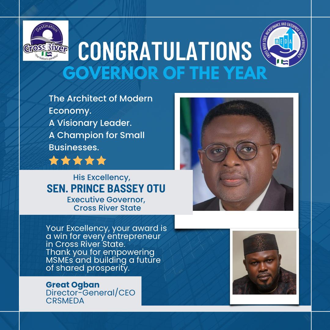 Empowering dreams, fueling enterprises, and leading with excellence! 🚀

The Board, Management, and Staff of CRSMEDA heartily congratulate our visionary leader, His Excellency, Sen. Prince Bassey Edet Otu, the Executive Governor of Cross River State, on his prestigious award as