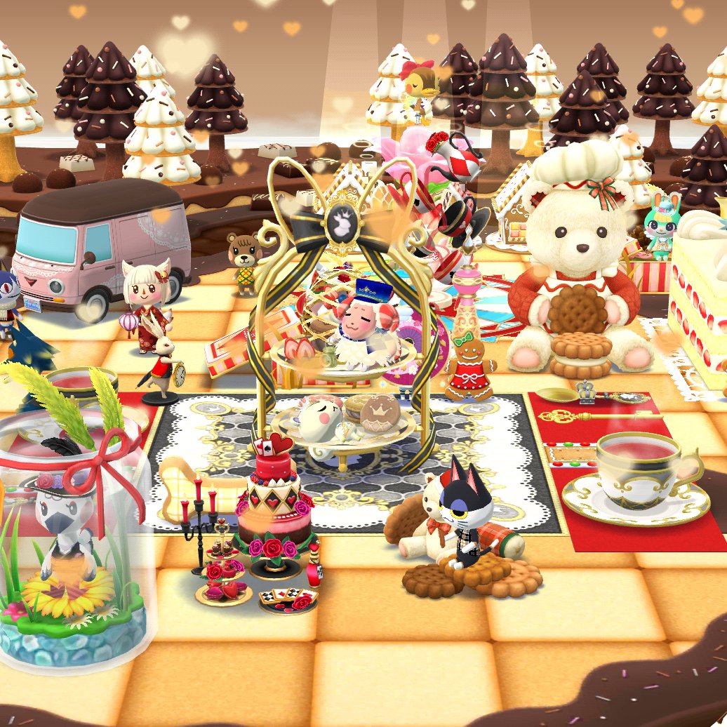 SalmonplayerRen's tweet photo. 2月口袋動森佈置
🍰這是誰的甜點桌？🍰

本來想佈置甜點森林
剛好看到巨型蛋糕跟茶杯
就將整個露營地
用俯���的方式擺甜點桌
不知道能不能有人看得懂💦

甜點桌上的小動物
‼️不能吃‼️不能吃‼️不能吃
重要說三次😆 https://t.co/uHaVggAsjh