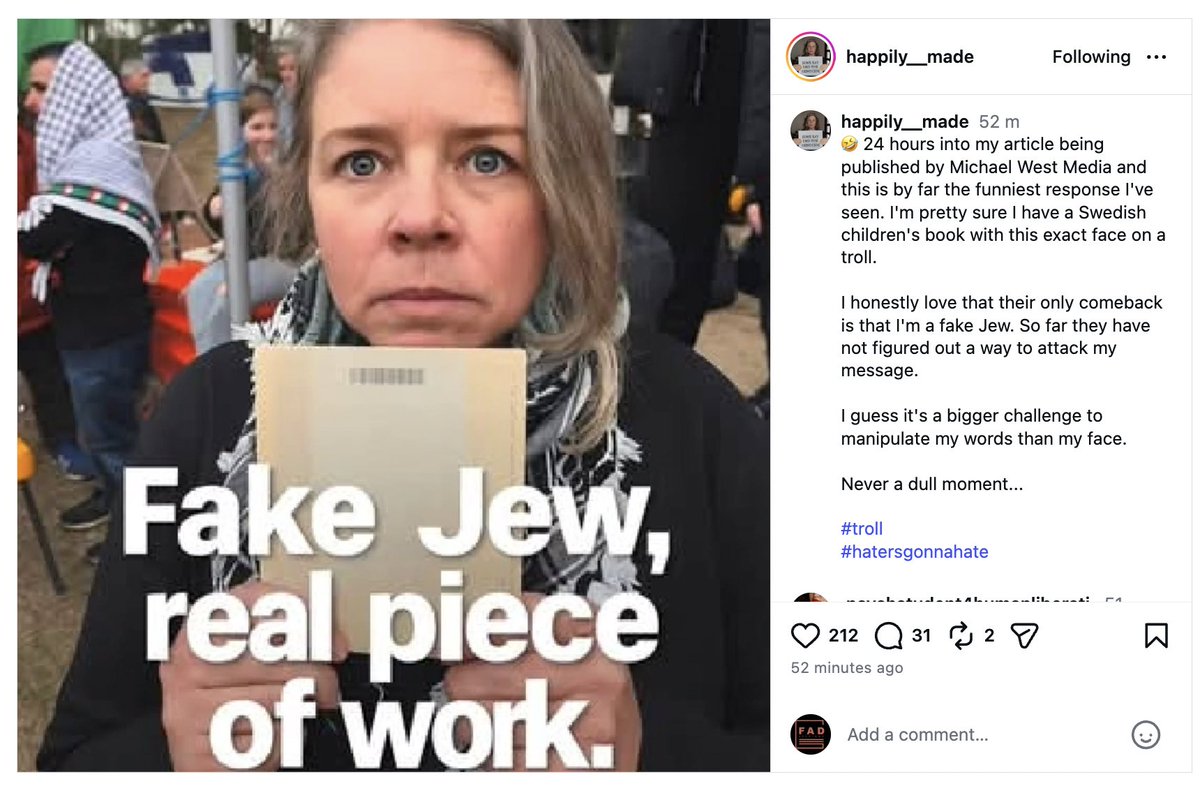 MichaelWestBiz's tweet photo. 24 hours into mwm publishing Veronica's article - she was holding up her Israeli passport - the Cult posts this on Insta. Will the Cult member be investigated for hate speech?
https://t.co/bTG6xFlLMc https://t.co/XAma5DWeEk