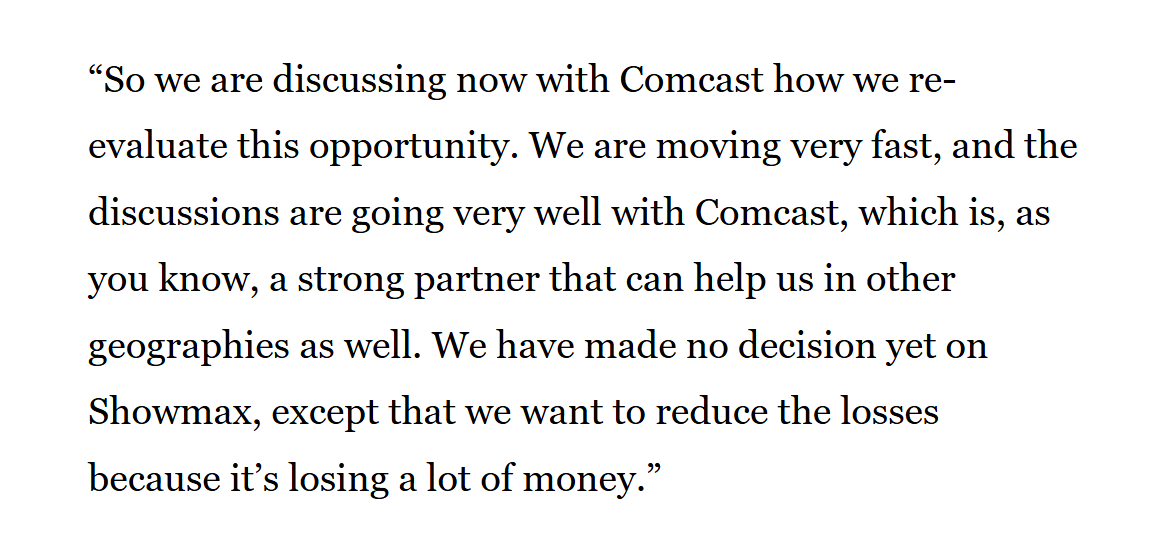 anael_tw's tweet image. 🗣️ Maxime Saada : « Nous discutons actuellement avec #Comcast de la manière dont nous réévaluons cette opportunité [qu'est Showmax]. Les échanges avancent très vite et se passent très bien. Comcast est un partenaire solide qui peut également nous aider dans d'autres régions. »