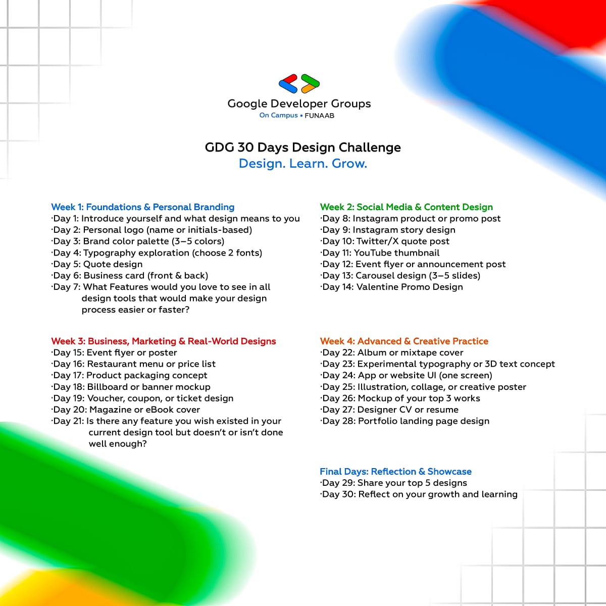gdgoc_funaab's tweet image. Are you a designer with skills, talent and creativity?.
This challenge is  for you!.
Organized by Design lead @hameed_oyewola who will be conducting and grading each design!.
So dearest designers it's about to be a fun month! and don't forget to use the #30DayDesignChallenge