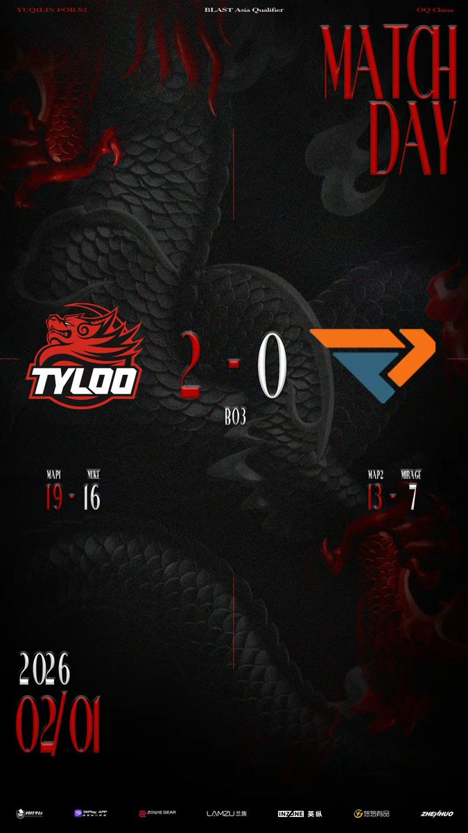 tyloogaming's tweet photo. ✨YUQILIN POB S2 - BLAST Asia Qualifier - OQ China

✨MAP  MIRAGE/NUKE｜ BO3

✨TYLOO 2:0 FengDa

#tyloo https://t.co/J9UYB8Vffh