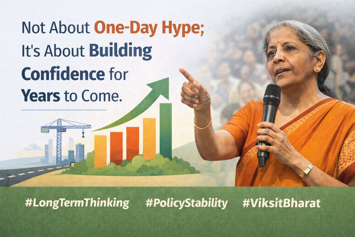 UrbanAghory6's tweet photo. This Budget doesn’t try to excite markets for one day.
It tries to build confidence for the next few years.
That matters more to ordinary people.

#LongTermThinking #PolicyStability #ViksitBharat https://t.co/aUEawEnoj6