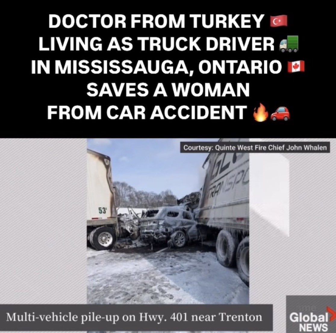 Kanada’da çok ciddi bir trafik kazası olmuş.
Tırların arasında sıkışan yaralı kadının hayatını, başka bir tırda şoförlük yapan Türk Doktor, ilk müdahalede bulunarak kurtarmış.
Helal olsun👏  AMA, Türkiye’nin yetiştirdiği doktor, Kanada’da tır şöförü.
Bu durum çok üzücü…