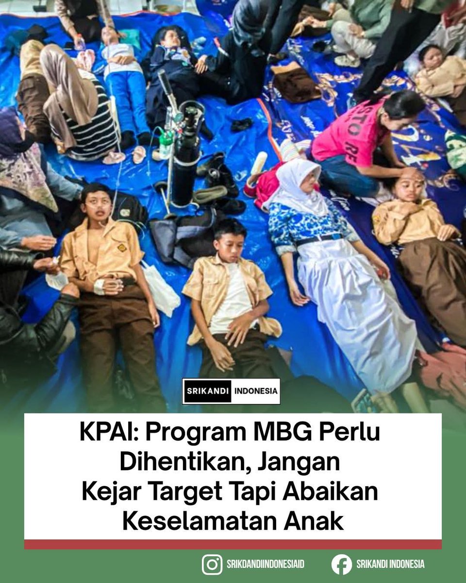 Wakil Ketua Komisi Perlindungan Anak Indonesia (KPAI), Jasra Putra mendesak Badan Gizi Nasional (BGN) bersama pemerintah untuk menghentikan sementara Program Makan Bergizi Gratis (MBG). Hal ini ia sampaikan menyusul berulangnya kasus keracunan makanan yang menimpa siswa di