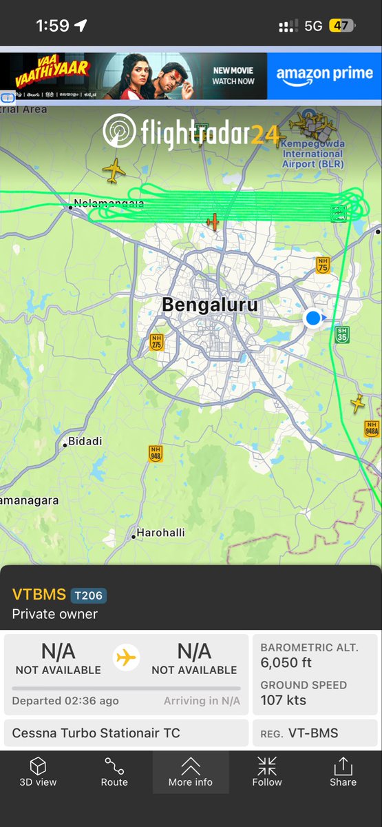 KaviAshishKumar's tweet photo. https://t.co/q5trnq0mI9

Anyone knows what’s happening over Bengaluru skies today?
That plane has been taking rounds like it’s stuck in aerial traffic. 🤔✈️

@flightradar24 @BLRAirport #BengaluruTraffic https://t.co/T5MsuyHDkD
